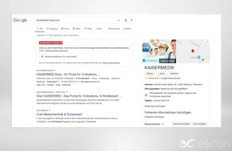 Kaisermed.at auf Platz 1 in Google für den Suchbegriff "Klinikbedarf Österreich"